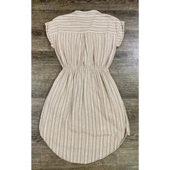 Japna Tan & Cream Collared Striped Button Down Short Sleeve Shirt Dress Sz S - Picture 6 of 6